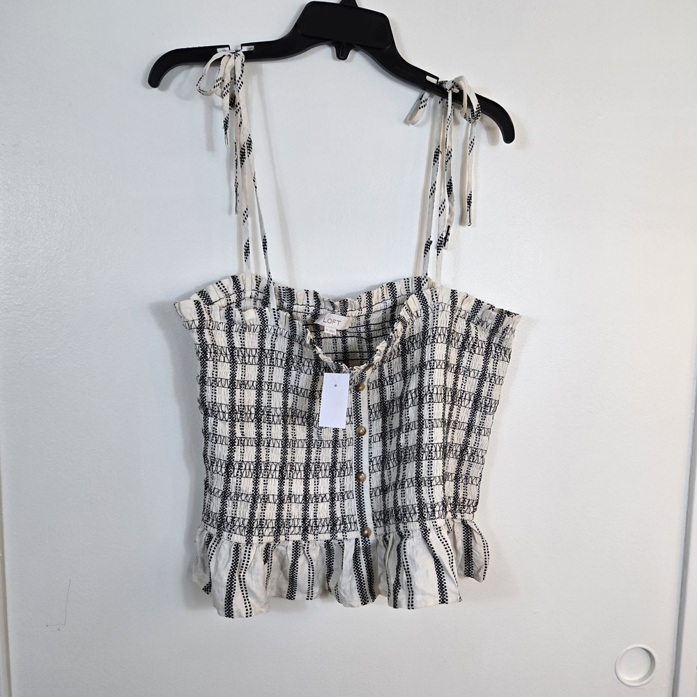 LOFT‎ Ivory Black Plaid Smocked Peplum Ruffle Hem Shoulder Tie Cami Top XL NEW